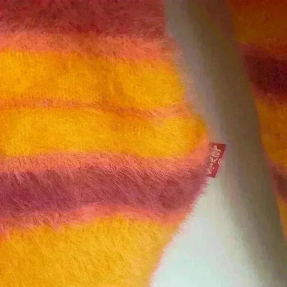 Levi's  Cat Cardigan Sweater Fuzzy Size M Orange Purple Stripes Button-up - Picture 9 of 9